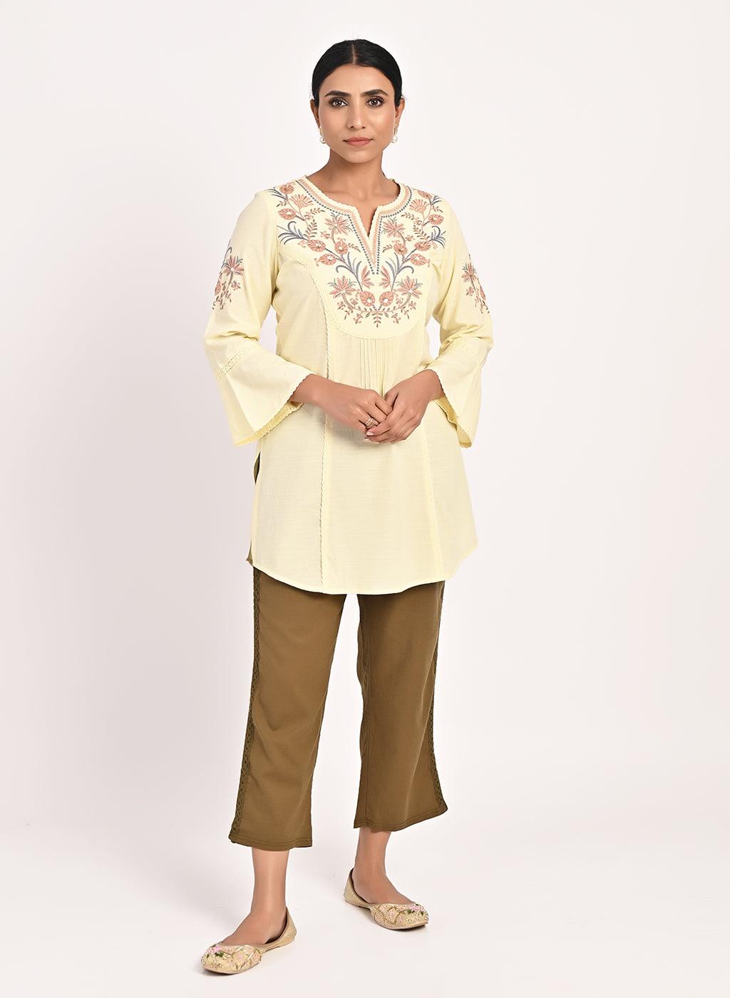 Yellow Cotton Kurti with Floral Embroidery - Lakshita