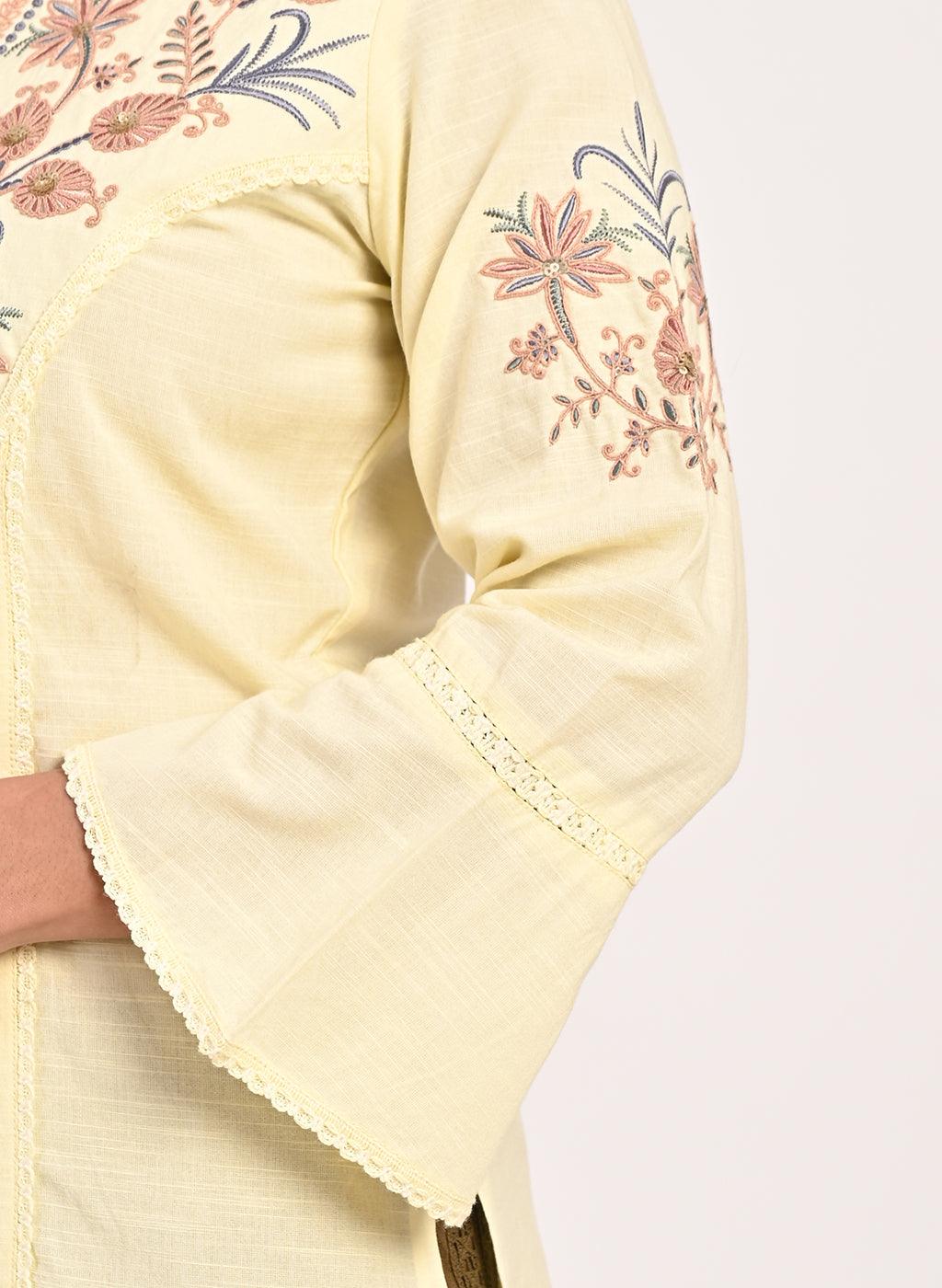 Yellow Cotton Kurti with Floral Embroidery - Lakshita