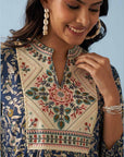 Navy Blue Multi Color Printed Short Tunic with Yoke Embroidery - Lakshita
