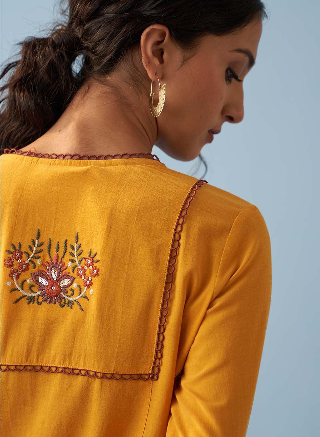 Yellow Long Flared Embroidered A-line Kurta - Lakshita