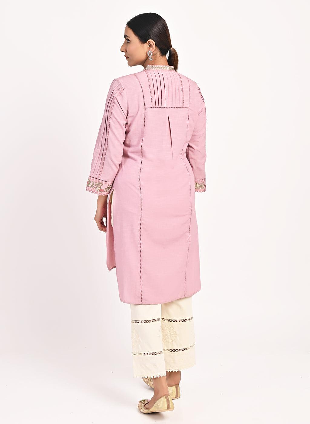 Pink Embroidered Band Collar Tunic with Front Yoke Embroidery - Lakshita