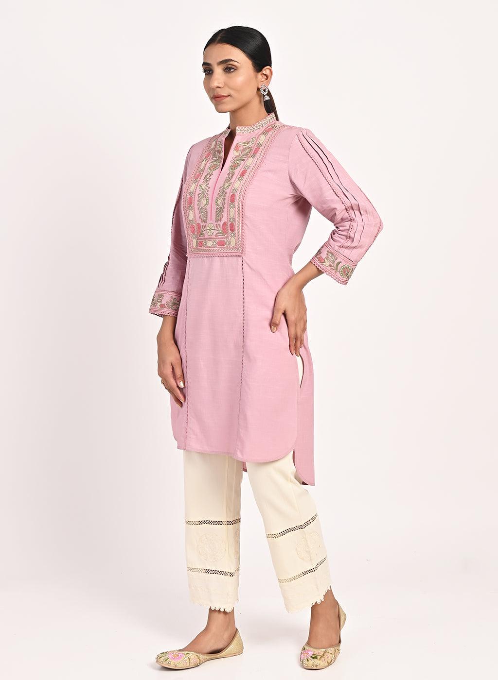 Pink Embroidered Band Collar Tunic with Front Yoke Embroidery - Lakshita