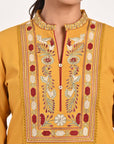Mustard Embroidered Band Collar Tunic with Front Yoke Embroidery - Lakshita