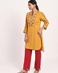 Mustard Embroidered Band Collar Tunic with Front Yoke Embroidery - Lakshita