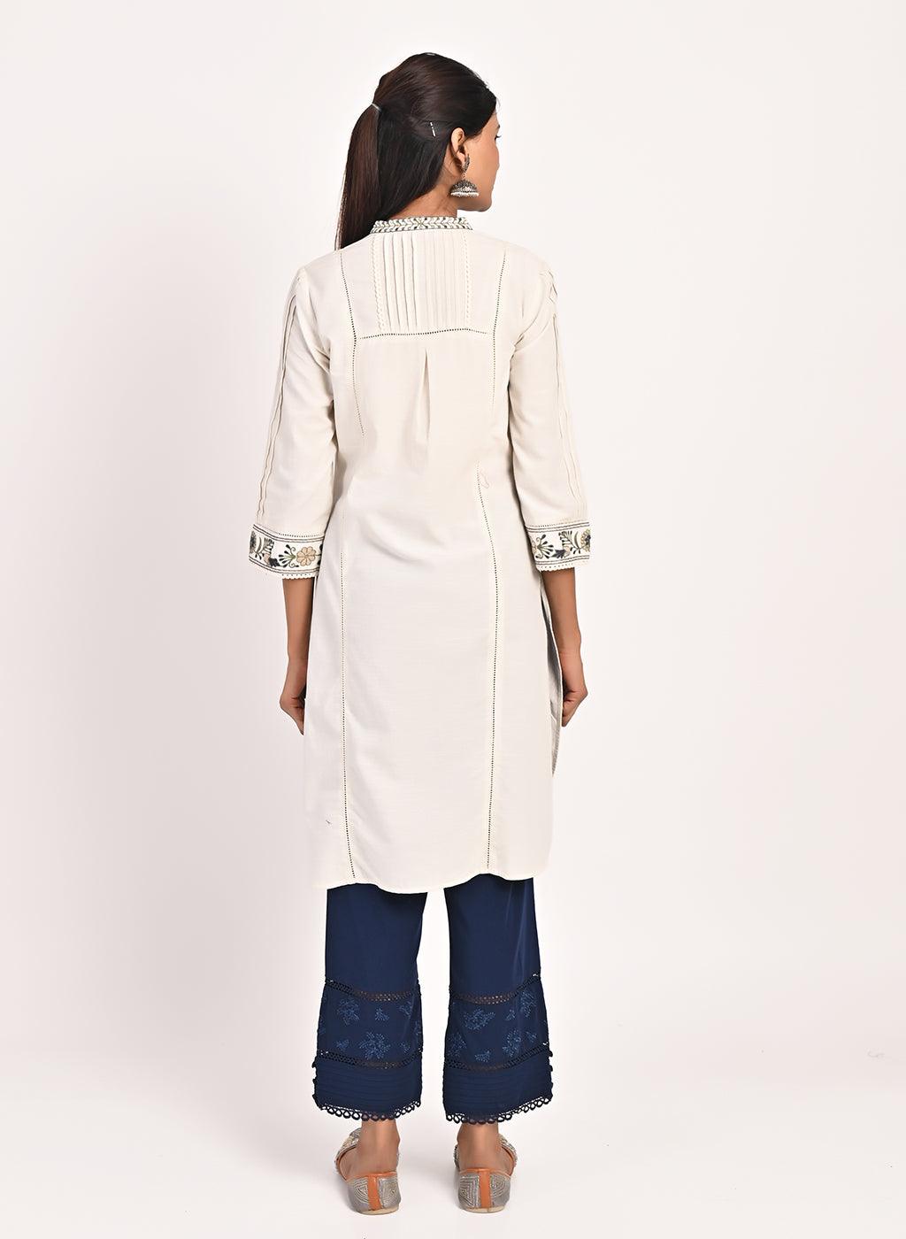Ivory Embroidered Band Collar Tunic with Front Yoke Embroidery - Lakshita