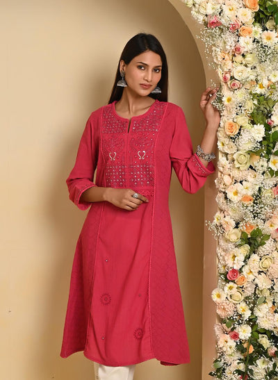 Red Mirror and Embroidery Long Kurta-23SLK03090-1 – Lakshita