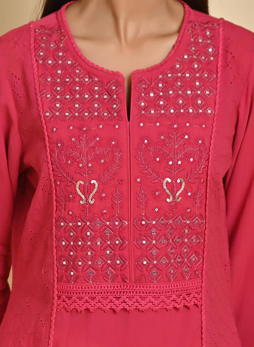 Red Mirror and Embroidery Long Kurta - Lakshita