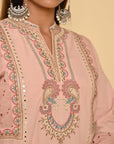 Nude Pink Schiffili Embroidered Cotton Co-ord Set with 3/4th Sleeves - Lakshita