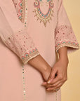 Nude Pink Schiffili Embroidered Cotton Co-ord Set with 3/4th Sleeves - Lakshita