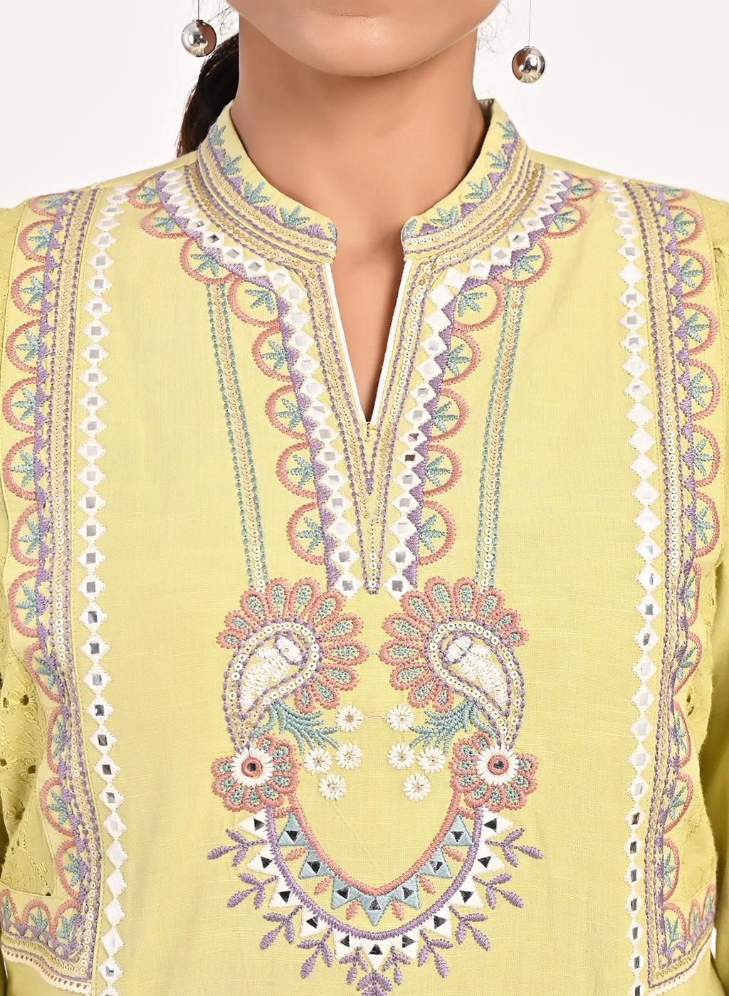 Yellow Schiffili Embroidered Cotton Co-ord Set with 3/4th Sleeves - Lakshita