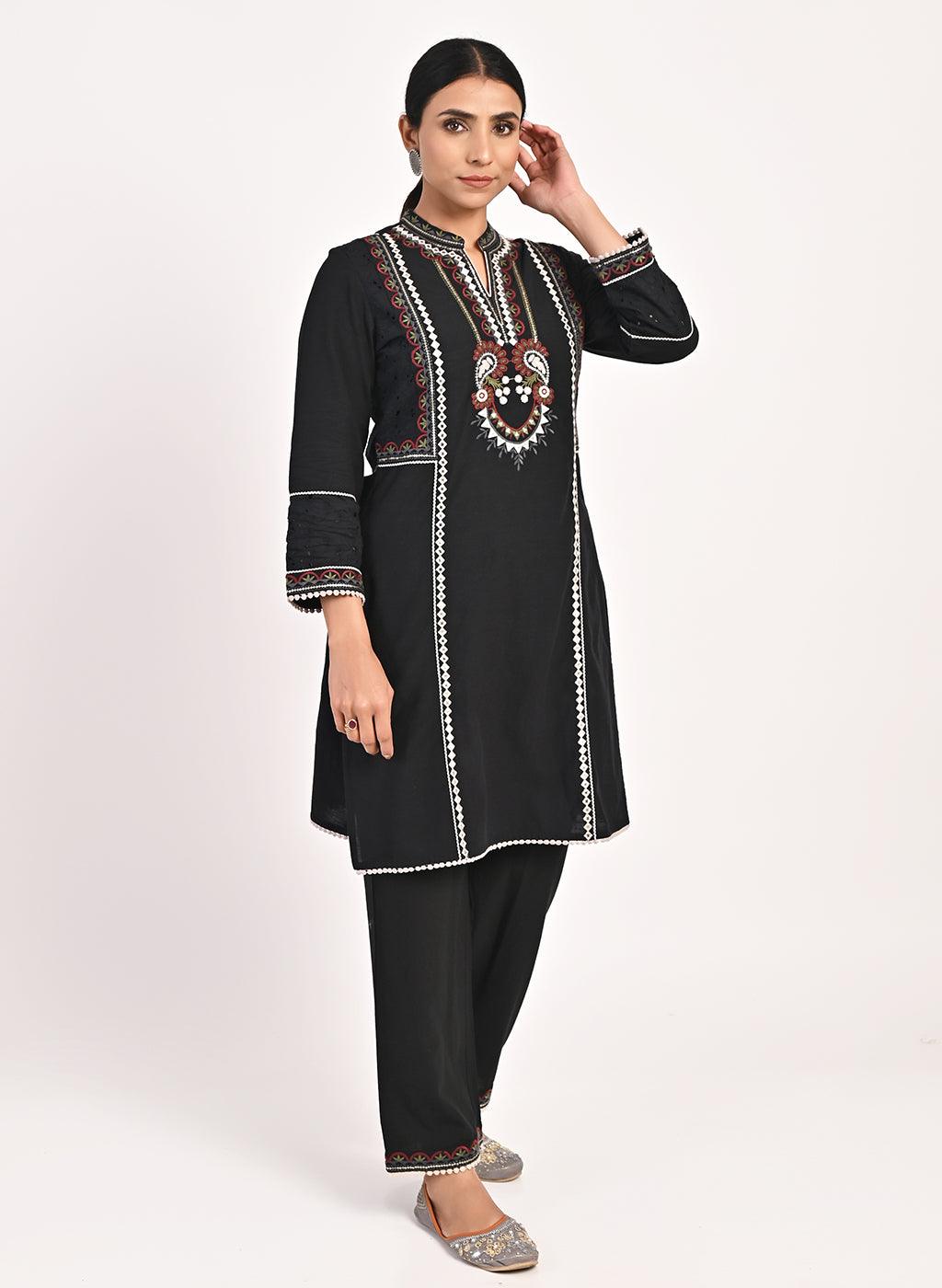 Black Schiffili Embroidered Cotton Co-ord Set with 3/4th Sleeves ...