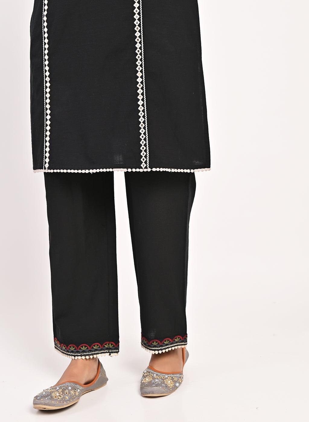 Black Schiffili Embroidered Cotton Co-ord Set with 3/4th Sleeves - Lakshita