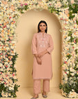 Peach Cotton Kurta Set with Floral Embroidery - Lakshita