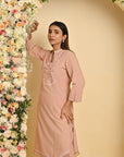 Peach Cotton Kurta Set with Floral Embroidery - Lakshita