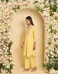 Lemon Yellow Cotton Kurta Set with Floral Embroidery - Lakshita