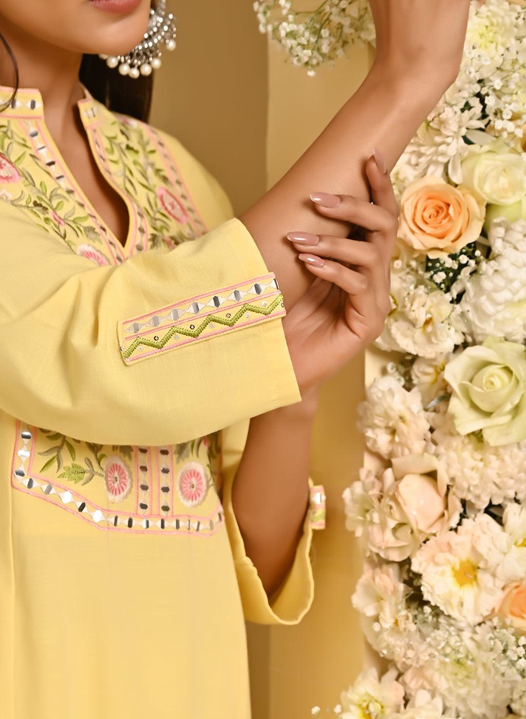 Lemon Yellow Cotton Kurta Set with Floral Embroidery - Lakshita
