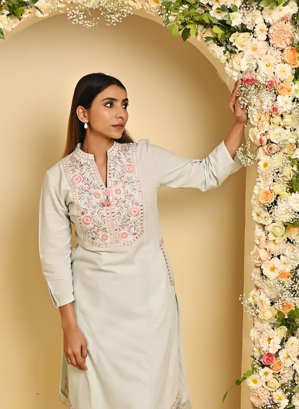 Spa Blue Cotton Kurta Set with Floral Embroidery - Lakshita