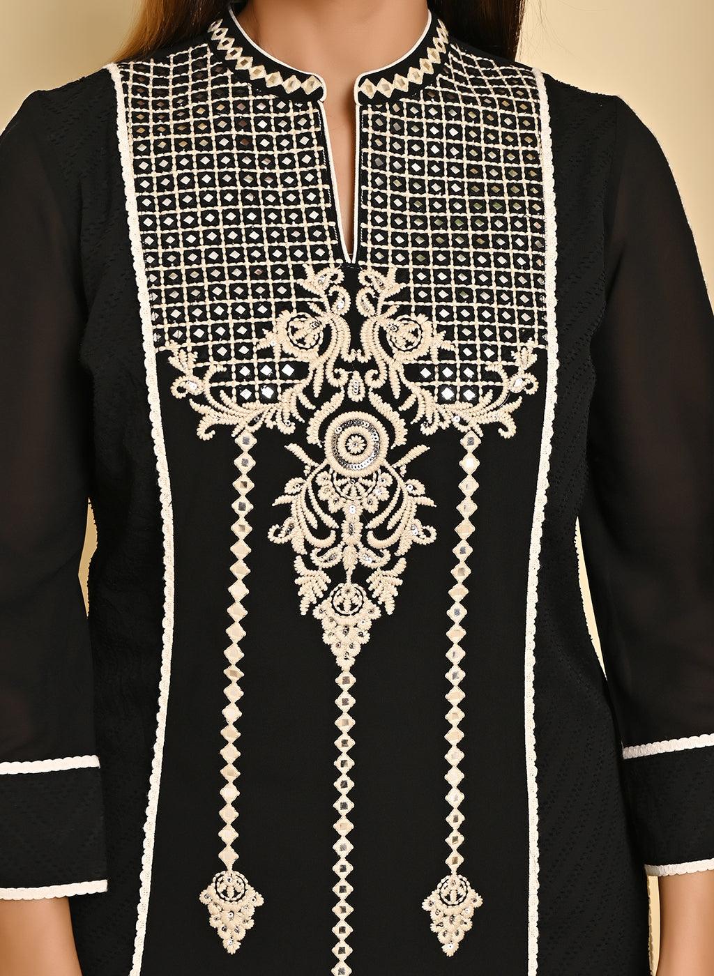 Black Embroidered Kurta with Asymmetrical Hemline and Mandarin Collar - Lakshita