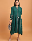 Green A-Line Boho Long Dress with Dori Tie Neck - Lakshita