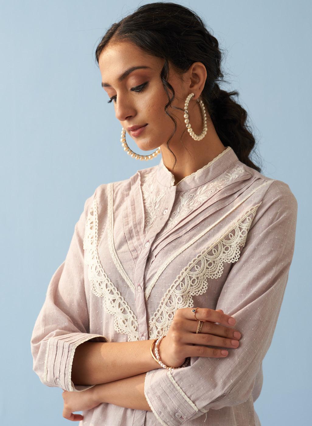 Lavender Embroidered Shirt with Lace Detailing
