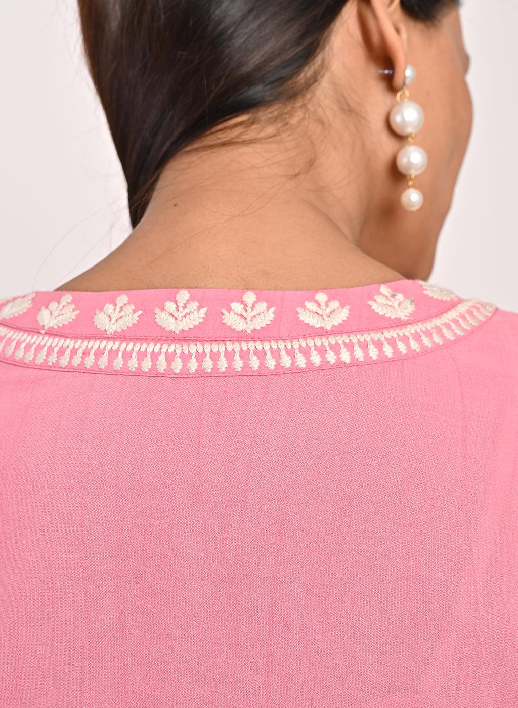 Pink Round-neck Embroidered Straight Kurta for Women - Lakshita