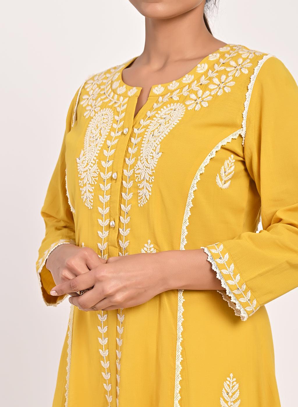 Yellow Round-neck Embroidered Straight Kurta for Women - Lakshita