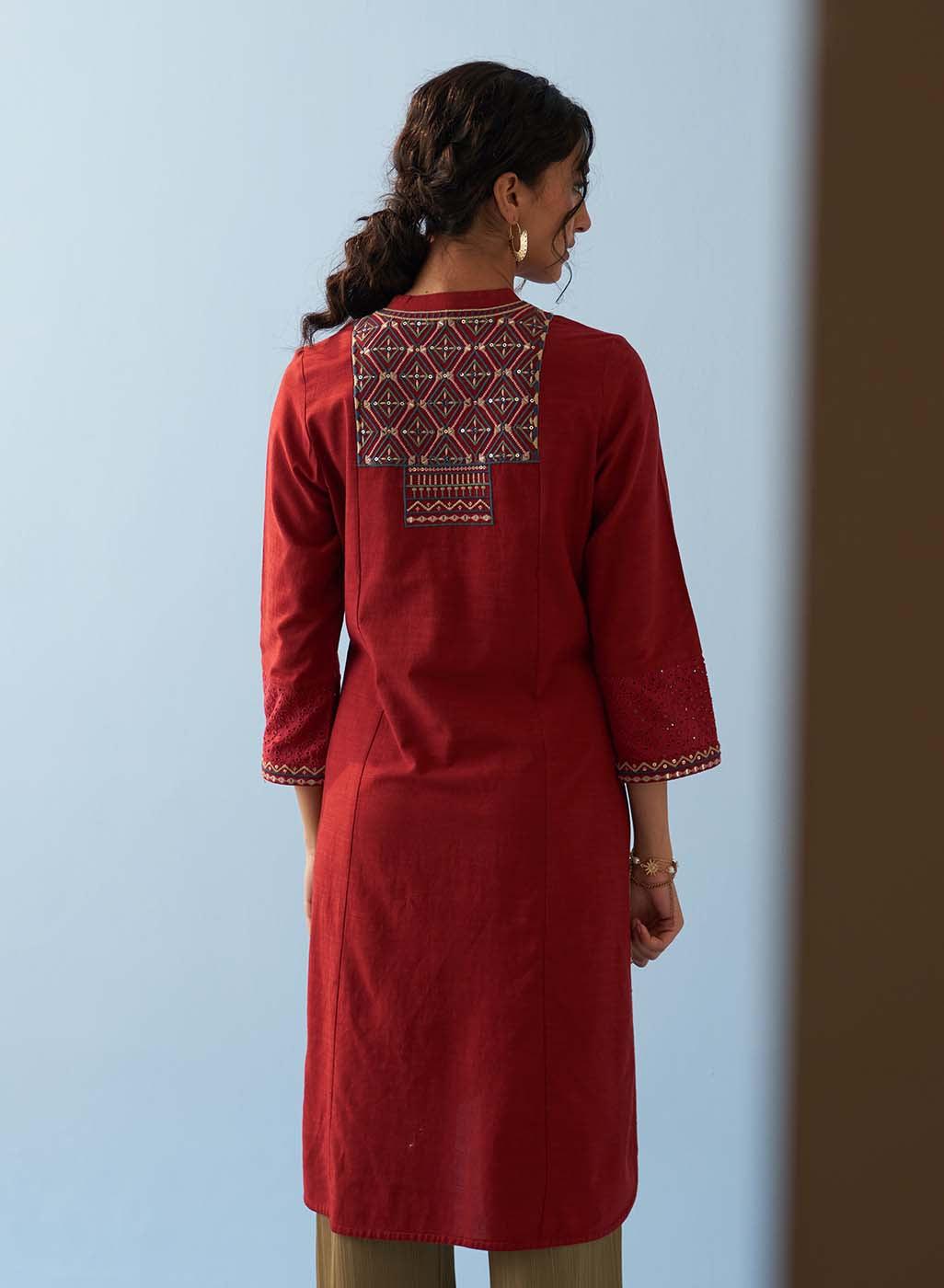 Red V-Neck Kurta with Multi Coloured Embroidery and 3/4th Sleeves - Lakshita