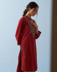 Red V-Neck Kurta with Multi Coloured Embroidery and 3/4th Sleeves - Lakshita