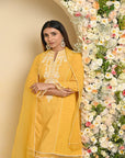 Yellow Embroidered 3 Pc. Kurta Set for Women with Organza Dupatta - Lakshita