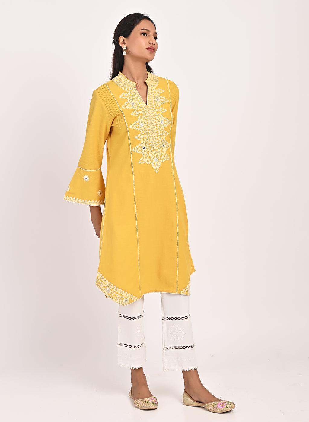 Yellow Mid-length Cotton Kurti for Women with Embroidery - Lakshita