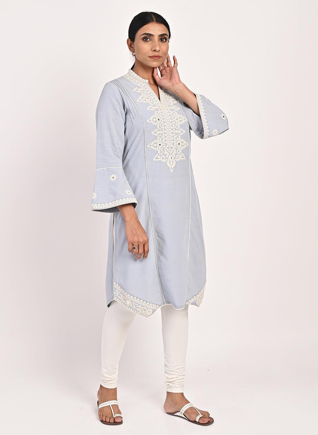 Spa Blue Mid-length Cotton Kurti for Women with Embroidery - Lakshita