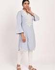 Spa Blue Mid-length Cotton Kurti for Women with Embroidery - Lakshita