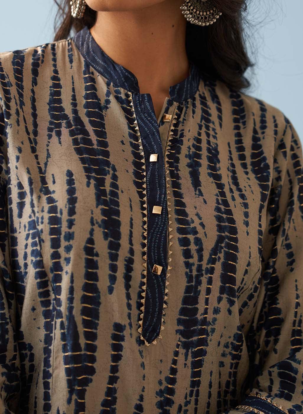 Navy Blue Printed Kurta Set with Mandarin Collar and Broad Border Sleeves - Lakshita