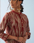 Maroon Printed Kurta Set with Mandarin Collar and Broad Border Sleeves - Lakshita