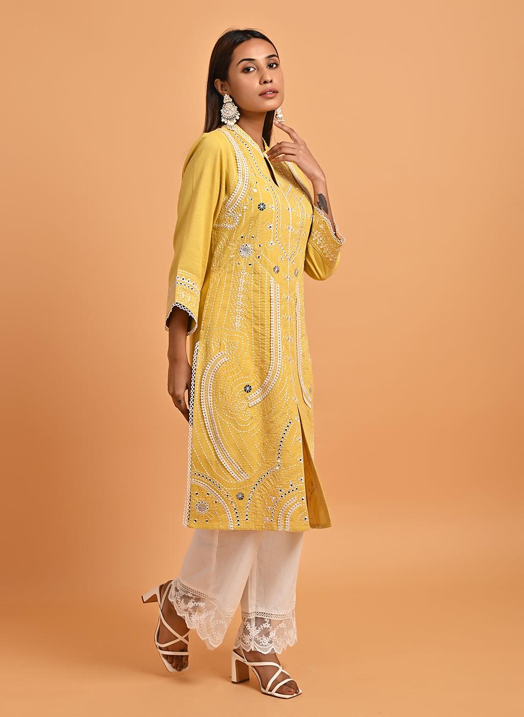 Yellow Straight Embroidered Kurta with 3/4th Sleeves - Lakshita