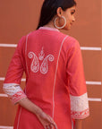 Peach Embroidered Kurta with Asymmetric Hem and Schiffili Detailing on the Sleeves - Lakshita