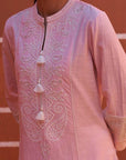 Pink Embroidered Kurta with Asymmetric Hem and Schiffili Detailing on the Sleeves - Lakshita