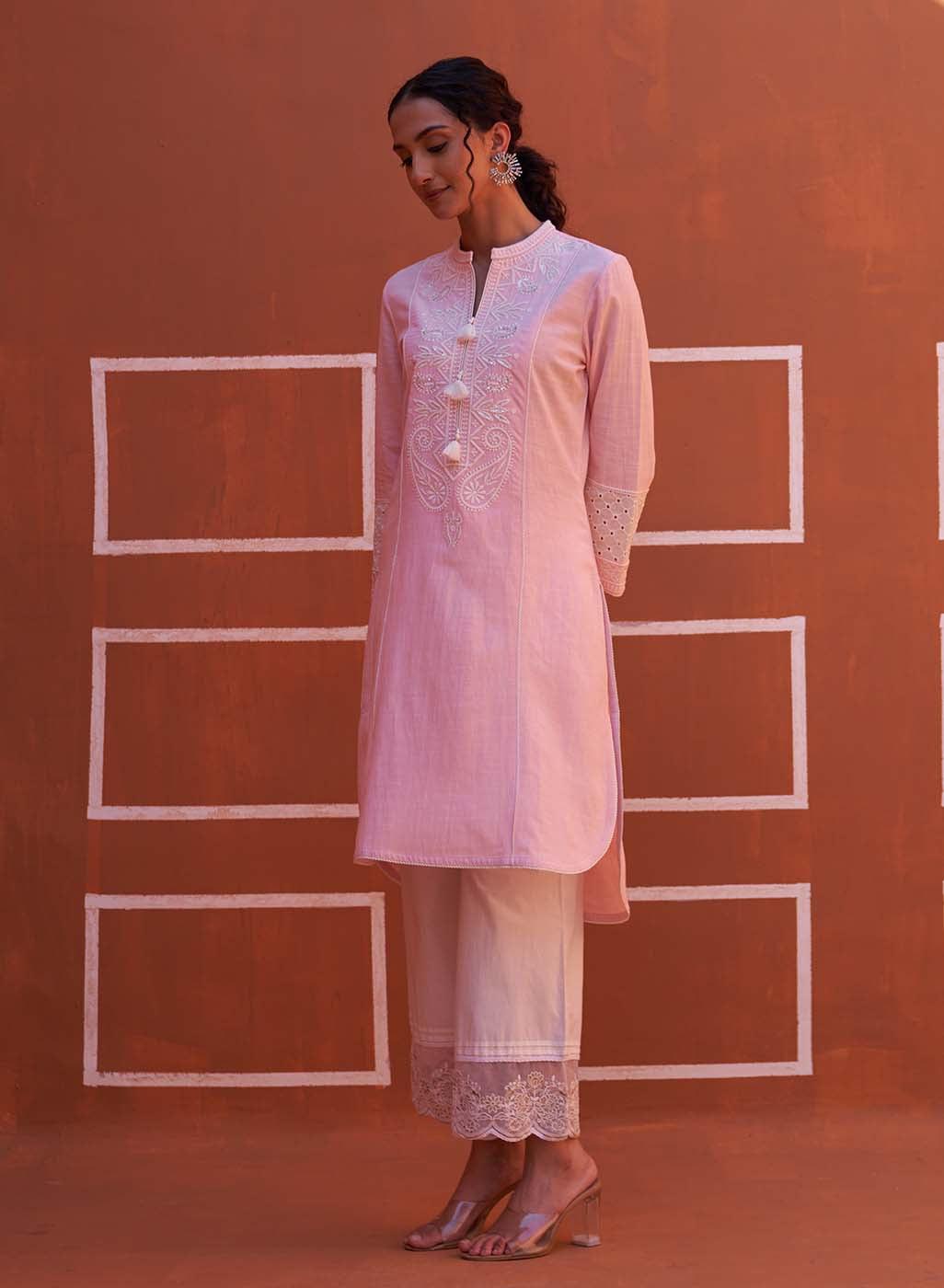 Pink Embroidered Kurta with Asymmetric Hem and Schiffili Detailing on the Sleeves - Lakshita