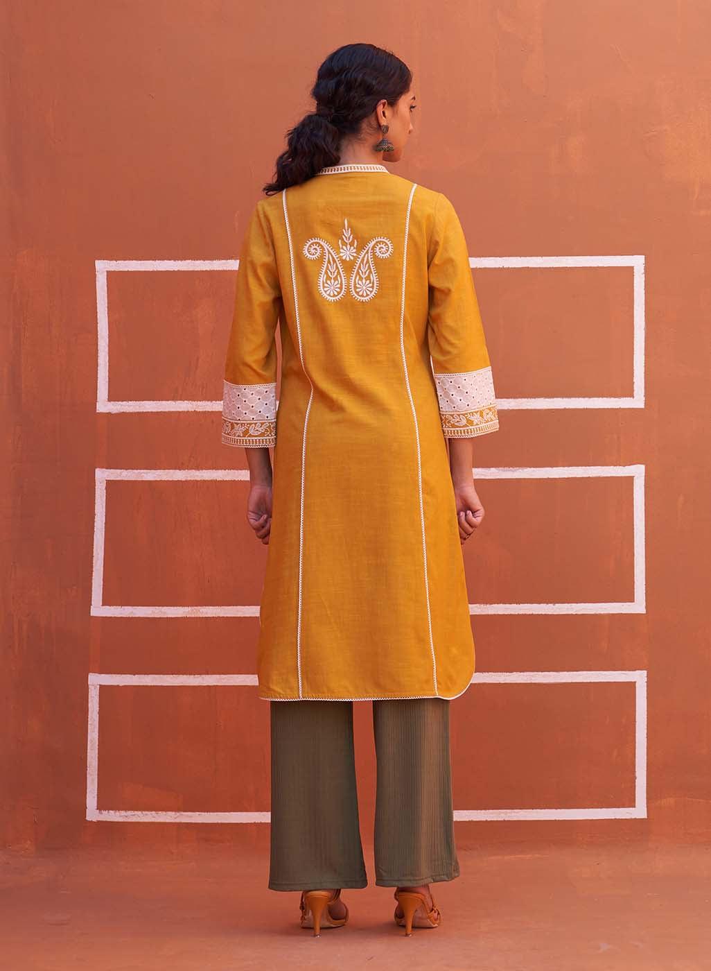 Yellow Embroidered Kurta with Asymmetric Hem and Schiffili Detailing on the Sleeves - Lakshita