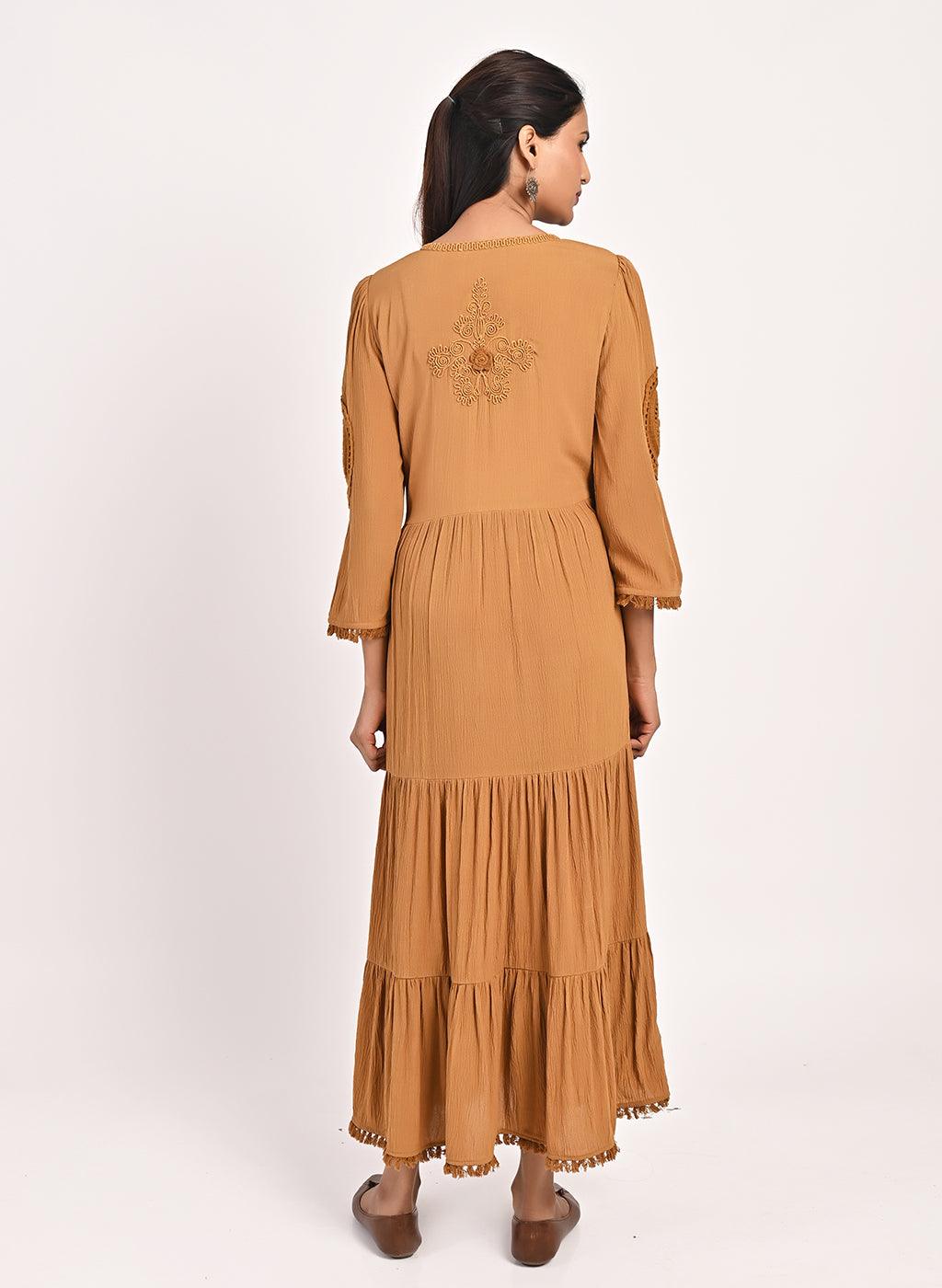 Spicy Mustard Long Dress for Women with Dori Detail and Embroidery