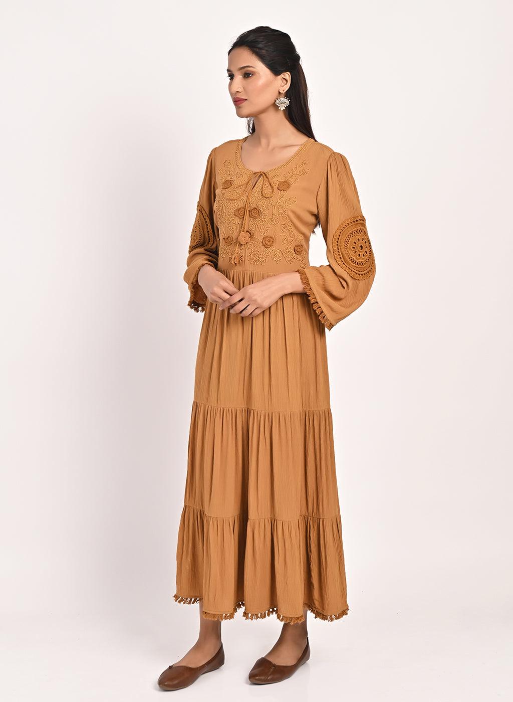 Spicy Mustard Long Dress for Women with Dori Detail and Embroidery