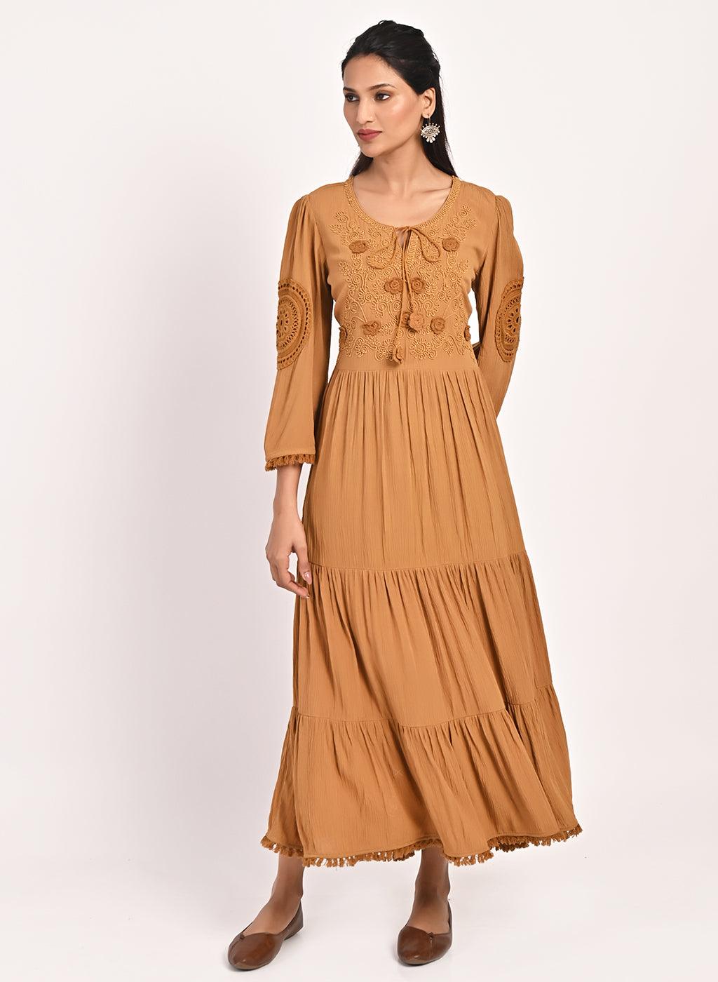 Spicy Mustard Long Dress for Women with Dori Detail and Embroidery