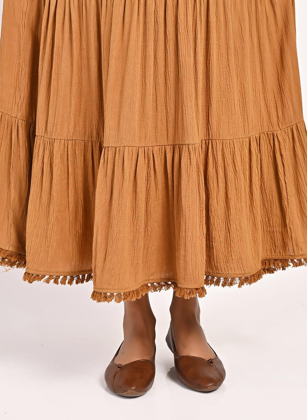 Spicy Mustard Long Dress for Women with Dori Detail and Embroidery