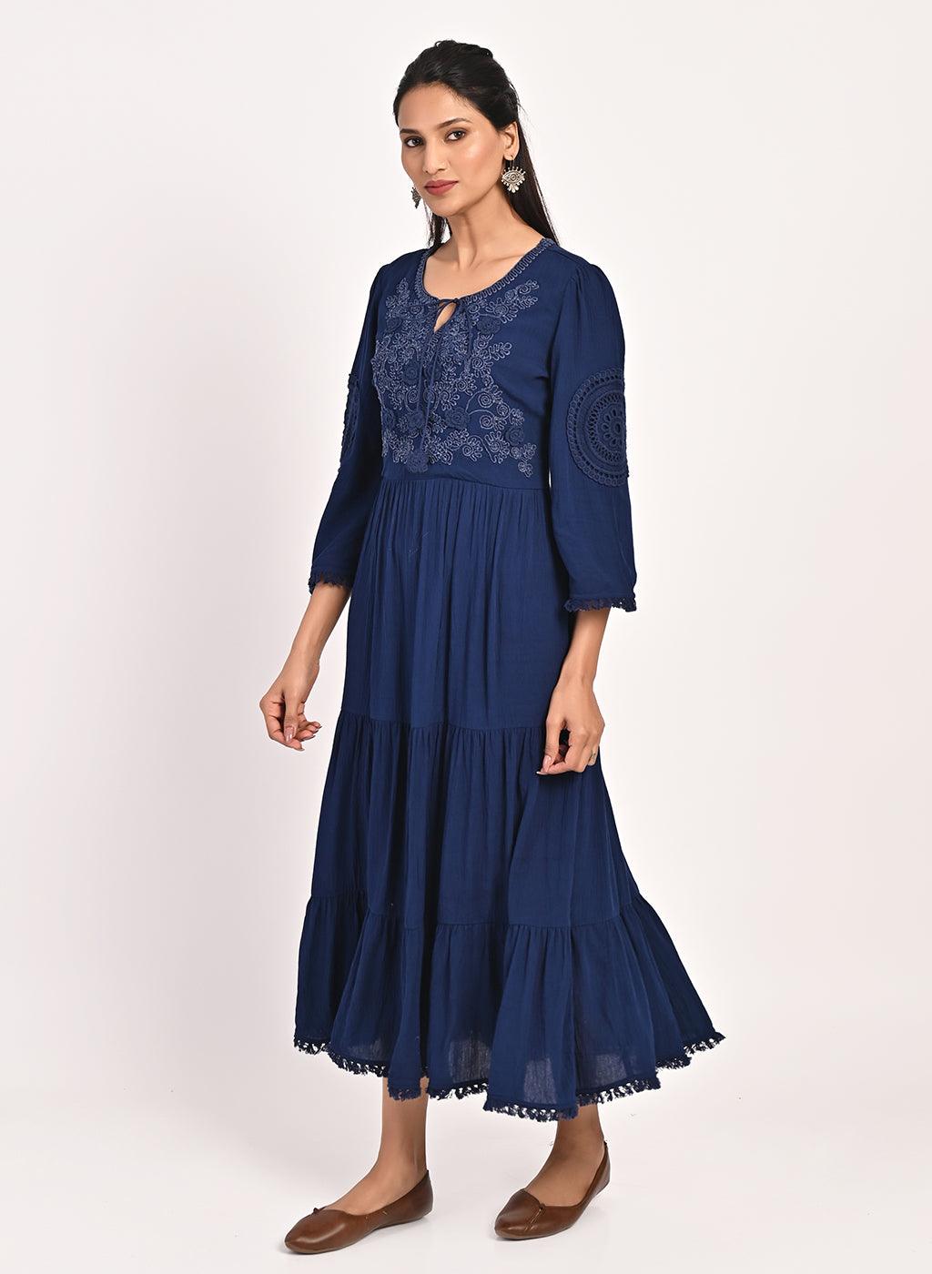 Navy Blue Long Dress for Women with Dori Detail and Embroidery - Lakshita
