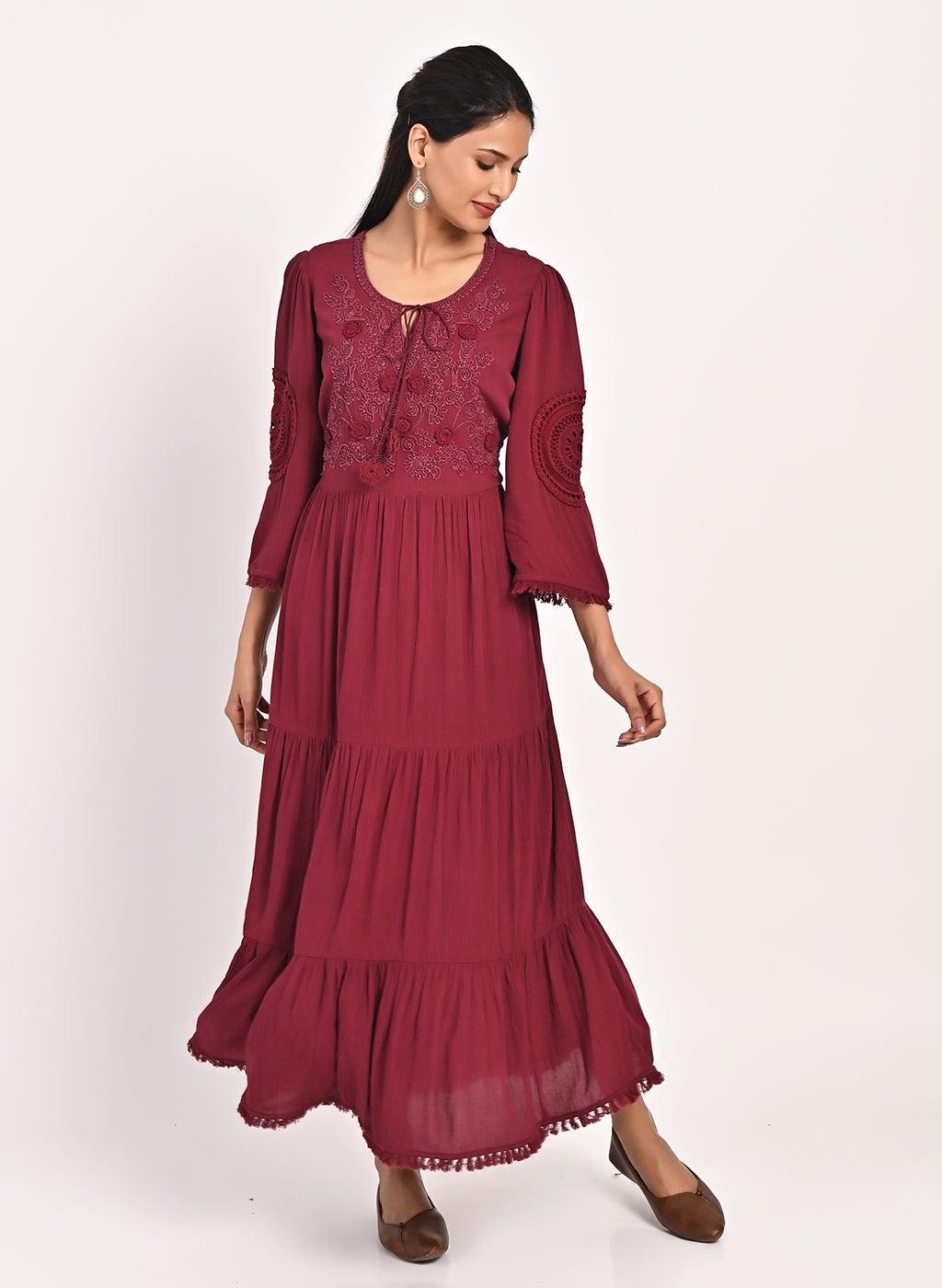 Wine Long Dress for Women with Dori Detail and Embroidery-23SLK04098 ...