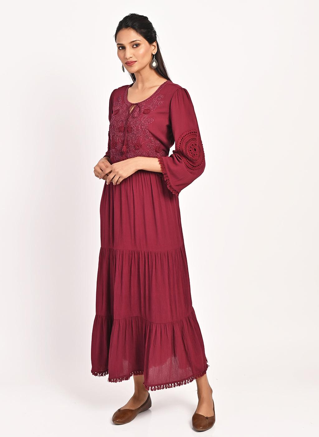 Wine Long Dress for Women with Dori Detail and Embroidery - Lakshita