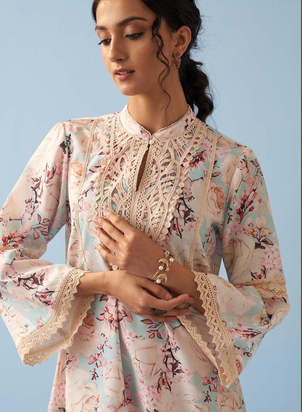 Spa Blue Floral Printed Loose Fit Kurta with Lace Inserts - Lakshita
