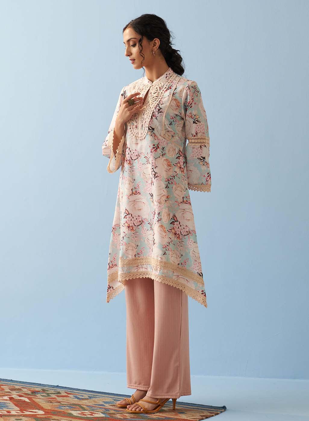 Spa Blue Floral Printed Loose Fit Kurta with Lace Inserts - Lakshita