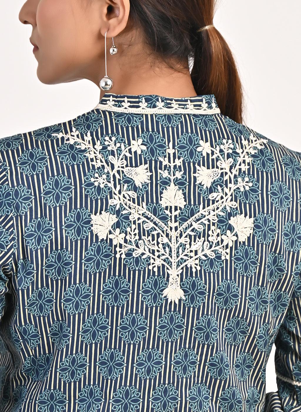 Floral Stripe Blue Tunic with Dori Embroidery - Lakshita