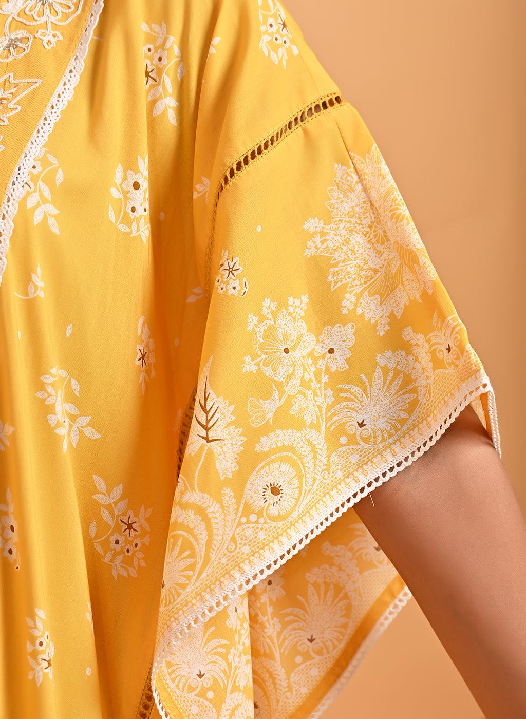 Yellow Cotton Printed Kaftan Kurta with Embroidery - Lakshita